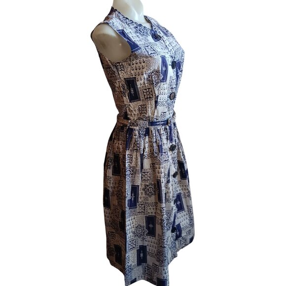 Women's 6 Vintage 1950's Sleeveless Button-Front Dress Belt Geometric Print 1OF1 - Picture 2 of 12